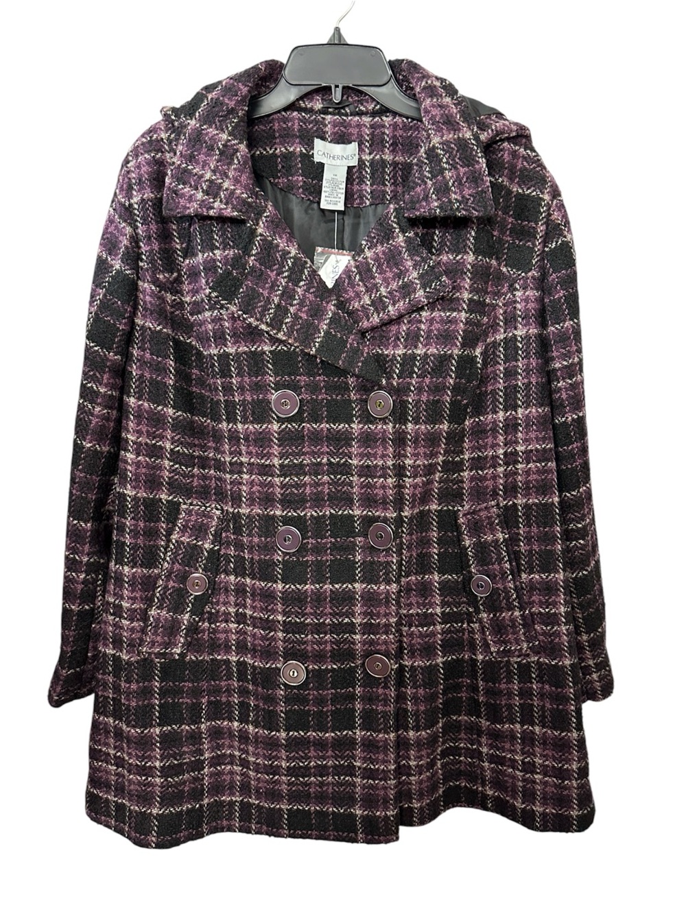 NWT Catherines Coat Purple Black Plaid Double Breasted Button Closure Women’s 1X